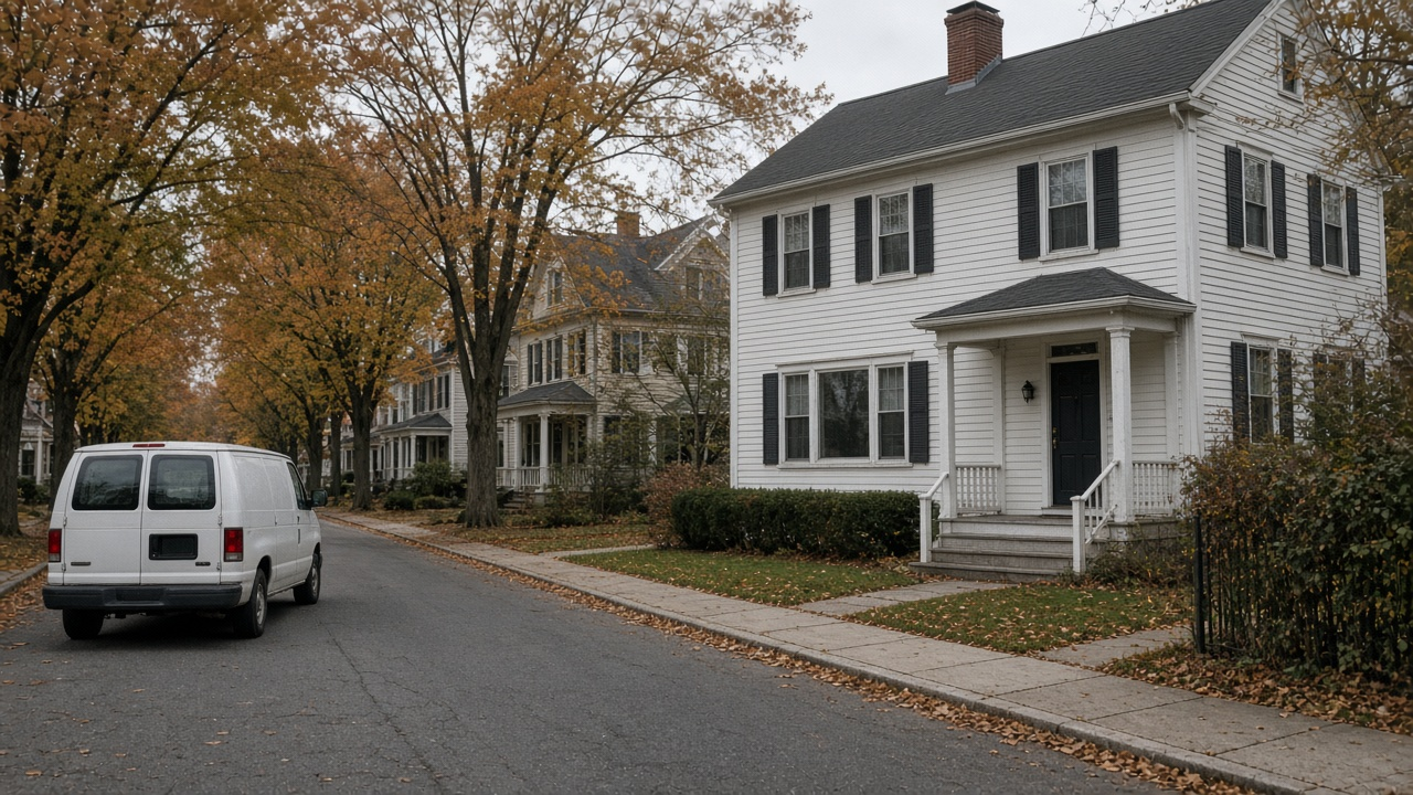 New England street with a service van at the curb