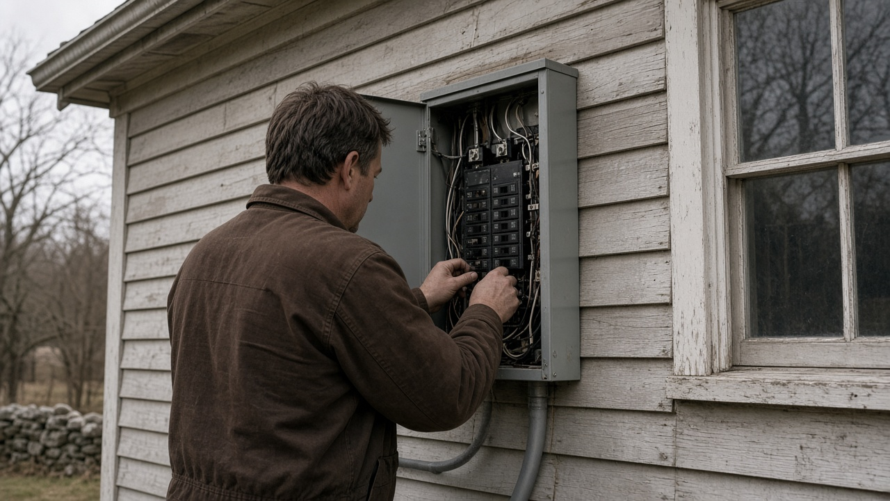 Open residential electrical panel on a New England house